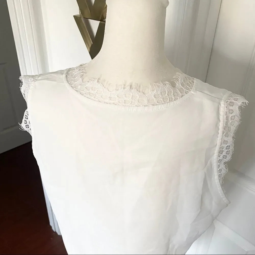 White Sleeveless Tank Top with Lace Cap Sleeve Detail Camisole - Picture 7 of 8